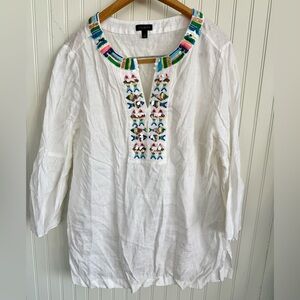 Talbots White Linen Top Size L with Colorful Fish Embroidery